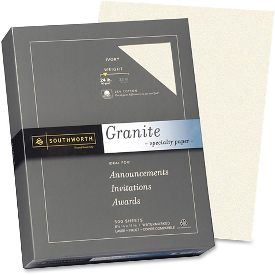 Southworth Granite Specialty Paper - Ivory - Letter - 8 1/2" x 11" - 24 lb Basis Weight - Granite, Smooth - Watermarked, Acid-free - Ivory - 500 / Box