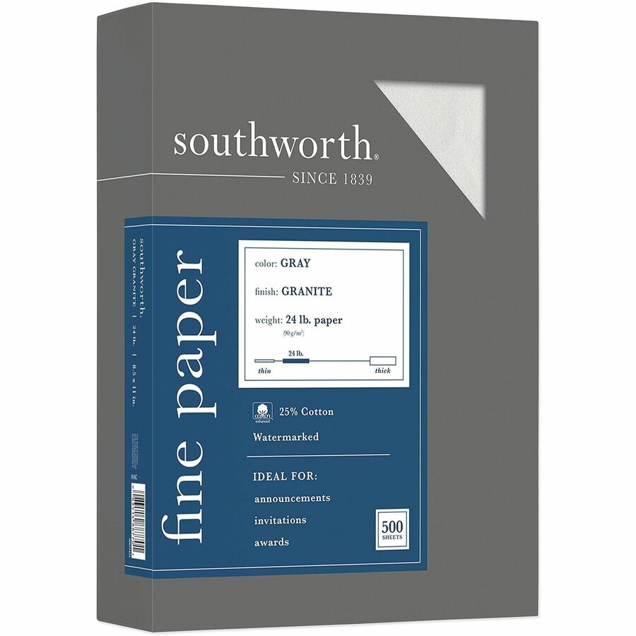 Southworth Granite Specialty Paper - Gray - Letter - 8 1/2" x 11" - 24 lb Basis Weight - Granite - Acid-free, Lignin-free - Gray - 1 Box