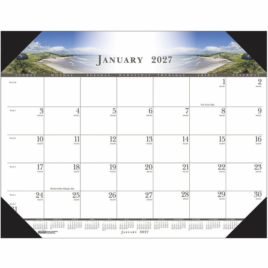 House of Doolittle Recycled Illustrated Desk Pad Calendar - Julian Dates - Monthly - January 2027 to December 2027 - 1 Month Single Page Layout - 22" x 17" Sheet Size - 2.38" x 2.88" Block - Desk Pad - White - Leatherette, Paper - 1 Each