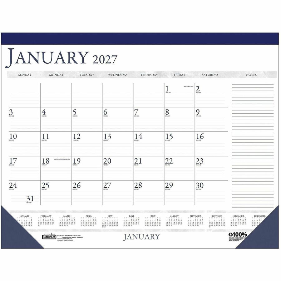 House of Doolittle Blue/Gray Print Monthly Desk Pad - Julian Dates - Monthly - 12 Month - January 2027 to December 2027 - 1 Month Single Page Layout - 22" x 17" Sheet Size - 2.37" x 1.87" Block - Desk Pad - Blue - Paper - 1 Each