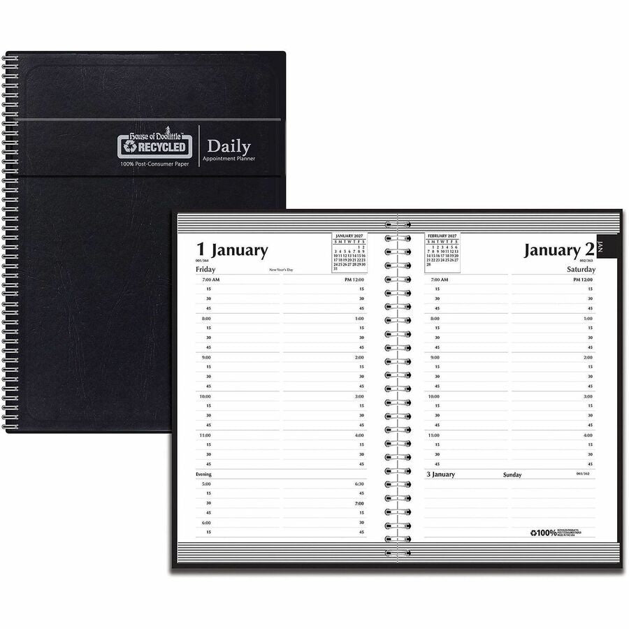 House of Doolittle Quarter-hourly Appointment Daily Planner - Daily - 12 Month - January 2027 to December 2027 - 7:00 AM to 7:45 PM - Quarter-hourly - 1 Week Single Page Layout - 5" x 8" Sheet Size - Leather - Black Cover - 1 Each