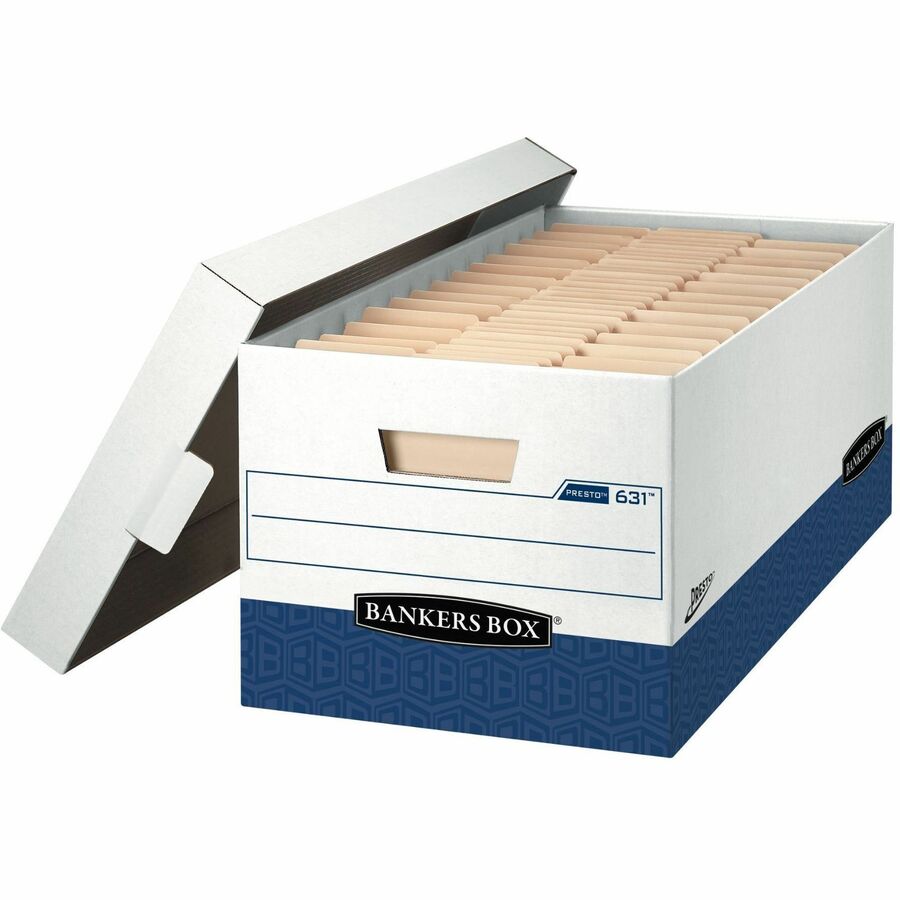 Bankers Box Presto File Storage Box - Internal Dimensions: 12" Width x 24" Depth x 10" Height - External Dimensions: 13" Width x 25.4" Depth x 10.5" Height - 750 lb - Media Size Supported: Letter - Lift-off Closure - Heavy Duty - Stackable - White, Blu...