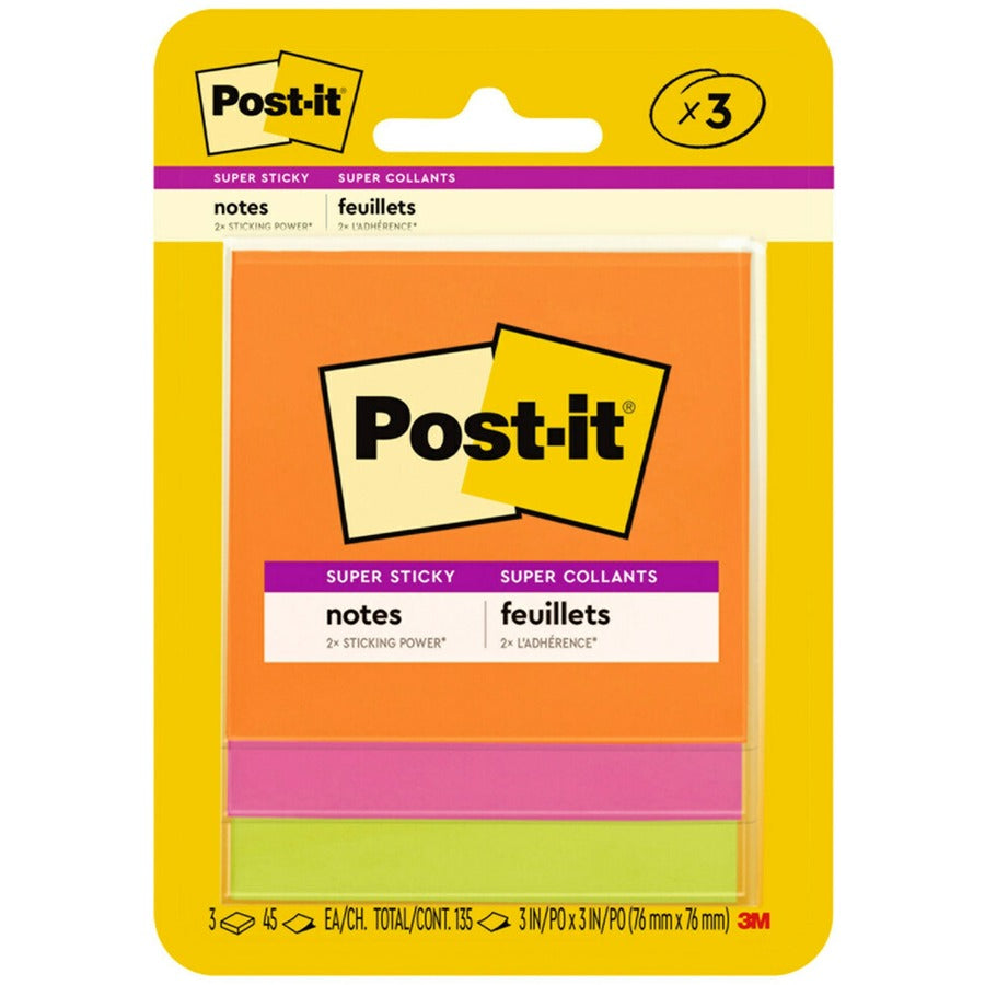 Post-it®, Super Sticky Note Pads - Energy Boost Color Collection - 135 - 3" Flag/Note Width x 3" Flag/Note Length - Square - 45 Sheets per Pad - Unruled - Vital Orange, Tropical Pink, Limeade - Paper - Self-adhesive - 1 Pack