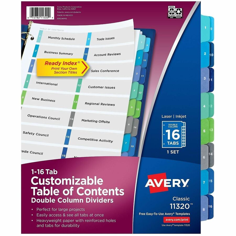 Avery Double Column Dividers, 16 Tabs, Ready Index (11320) - 16 x Divider(s) - 16 Tab(s) - Digit - 1-16 - 16 Tab(s)/Set - 8.5" Divider Width x 11" Divider Length - 3 Hole Punched - White Paper Divider - Multicolor Paper Tab(s) - 30% Recycled - Hole-pun...