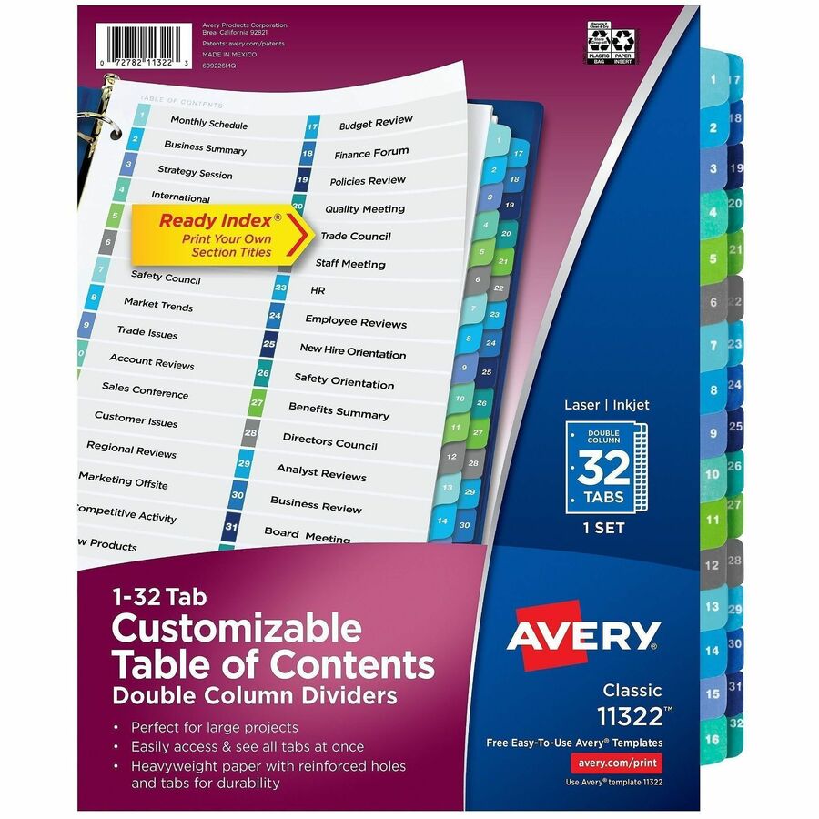 Avery Avery(R) Double Column Dividers, 32 Tabs, Ready Index (11322) - 32 x Divider(s) - 32 Tab(s) - Digit - 1-32 - 32 Tab(s)/Set - 8.5" Divider Width x 11" Divider Length - 3 Hole Punched - White Paper Divider - Multicolor Paper Tab(s) - 30% Recycled...