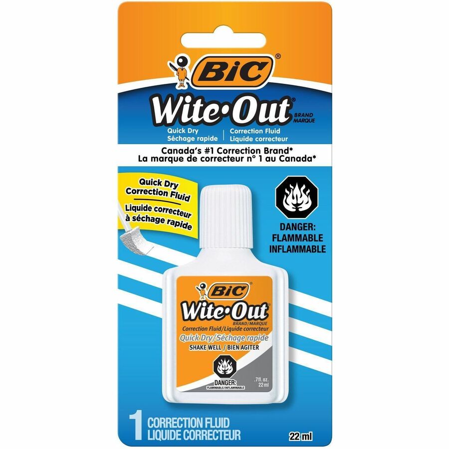 BIC Quick Dry Correction Fluid, White - Foam Brush Applicator - 20 mL - White - Quick Drying, Spill Resistant - 1 Pack