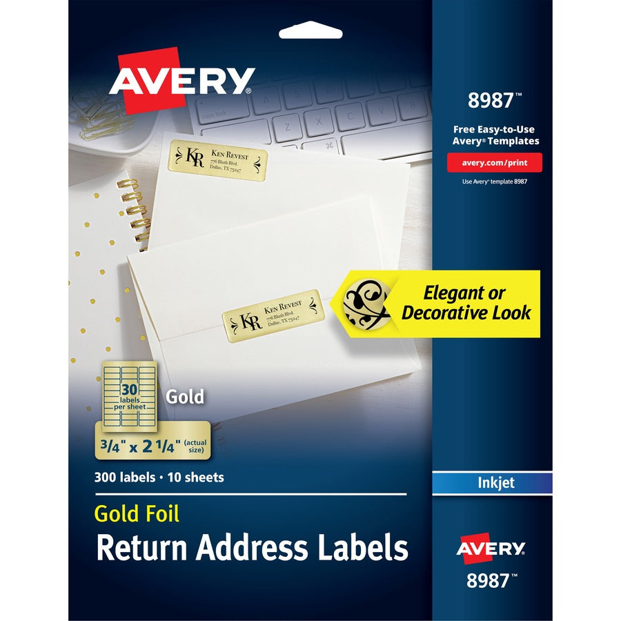 Avery®, Foil Mailing Labels - 3/4" Height x 2 1/4" Width - Permanent Adhesive - Rectangle - Inkjet - Gold - Paper, Foil - 30 / Sheet - 10 Total Sheets - 1500 Total Label(s) - 300/Pack - 5 / Carton