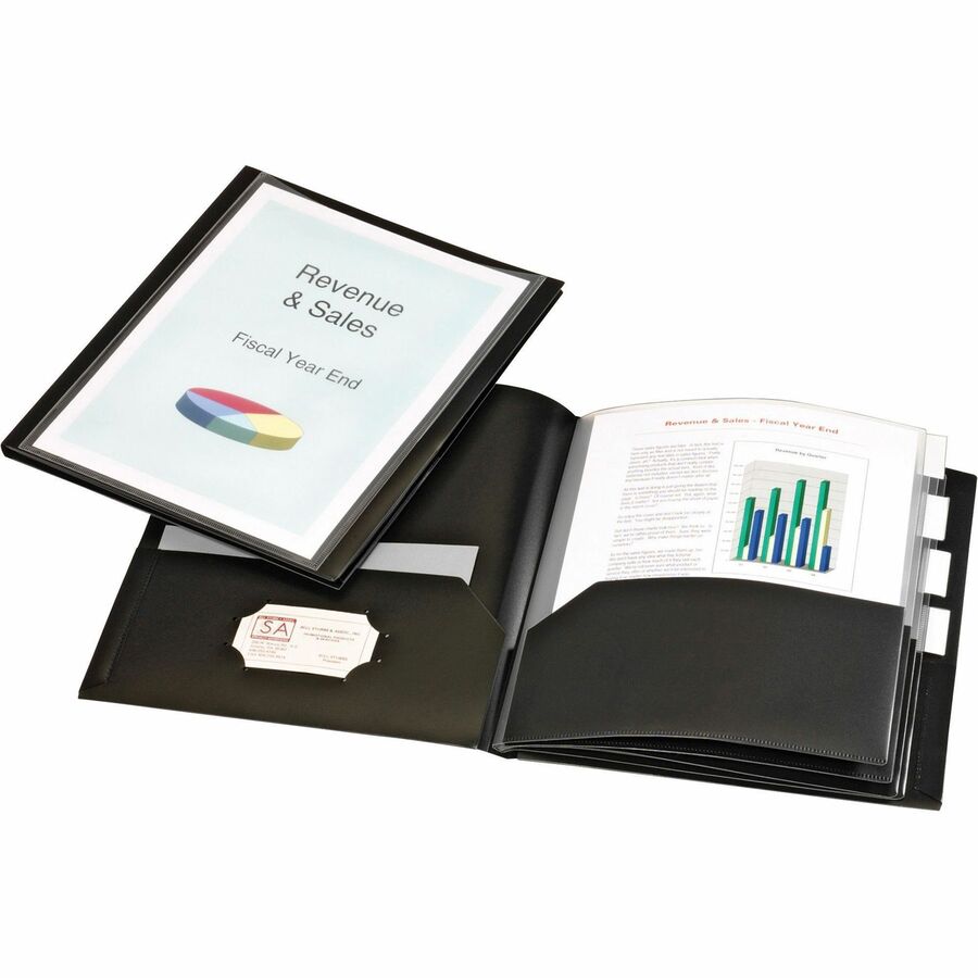 Cardinal®, ReportPro Letter Pocket Folder - 8 1/2" x 11" - 200 Sheets Capacity - 10 Inside Front & Back Pocket - 4 Divider - Polypropylene - Black - Die-cut, Acid-free, Non-stick, Card Holder - 1 Each