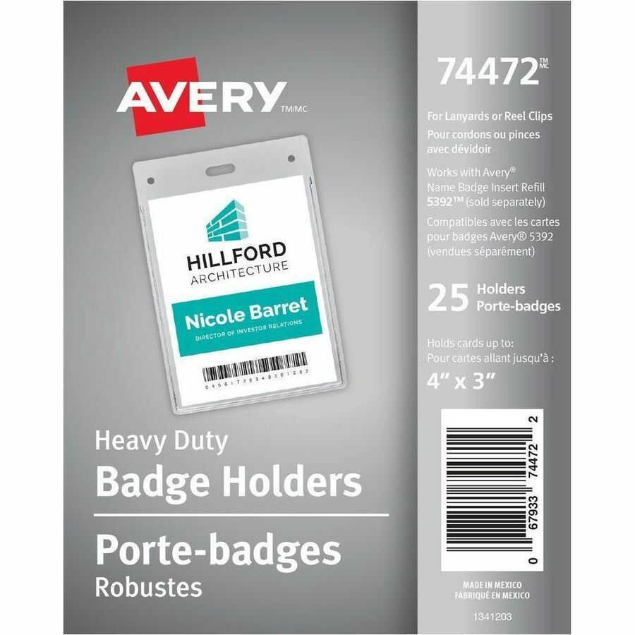 Avery®, Vertical Name Badge Holders - Support 4" x 3" Media - Vertical - Vinyl - Clear - Heavy Duty, PVC-free, Flexible, Lanyard, Clip Closure, Top Loading - 25 / Pack