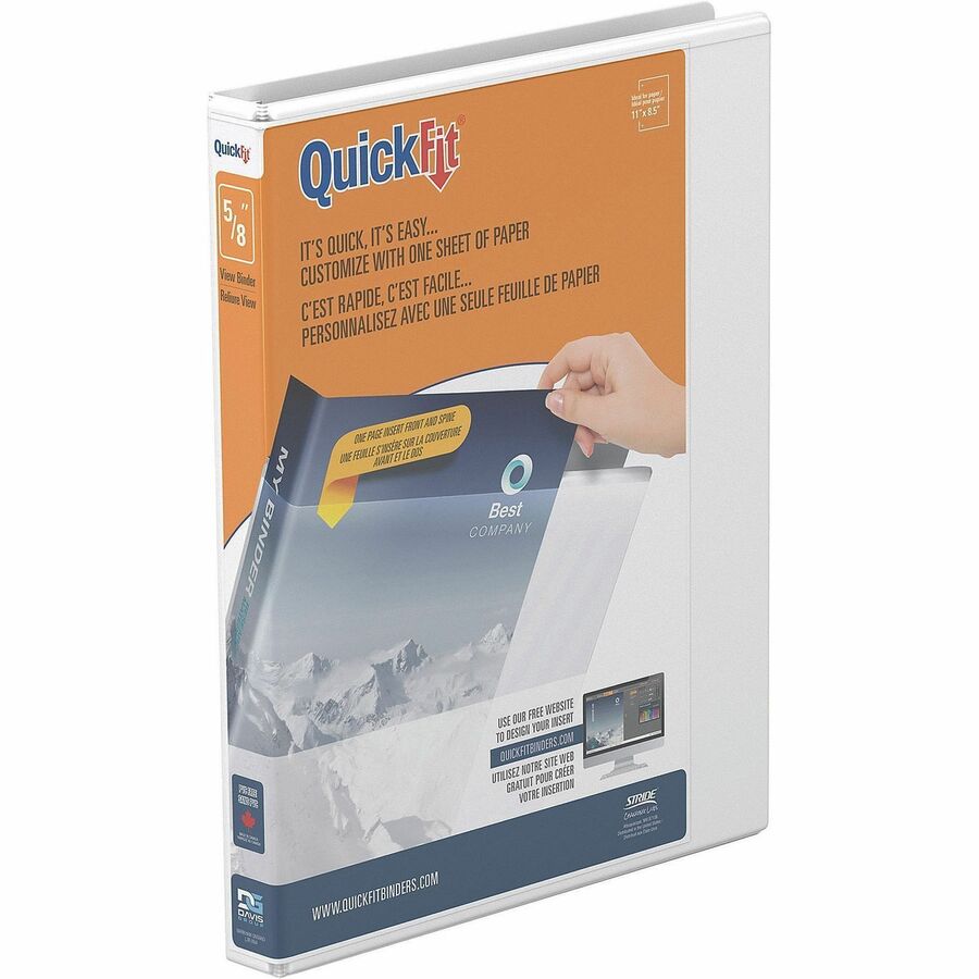 QuickFit View Binder, 3-Ring Binder, Angle D Ring, 5/8 Inch, White - 5/8" Binder Capacity - Letter - 8 1/2" x 11" Sheet Size - 150 Sheet Capacity - 3 x 0.63" Ring - Fastener: D-Ring - Pocket: Internal - Polypropylene - White - Recycled - Clear Overlay...