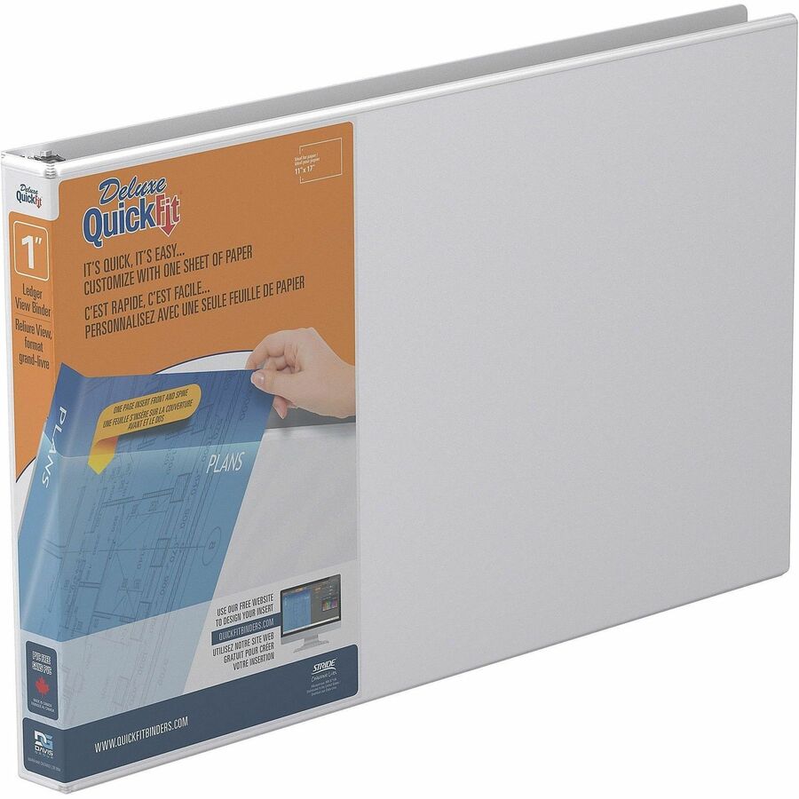 QuickFit Heavy-Duty Landscape 3-Ring Binder, D-Ring, View Binder, 1 Inch, White - 1" Binder Capacity - 11" x 17" Sheet Size - 225 Sheet Capacity - 3 x 1" Ring - Fastener: D-Ring - Polypropylene - White - Recycled - Durable, Antimicrobial, Locking Ring...