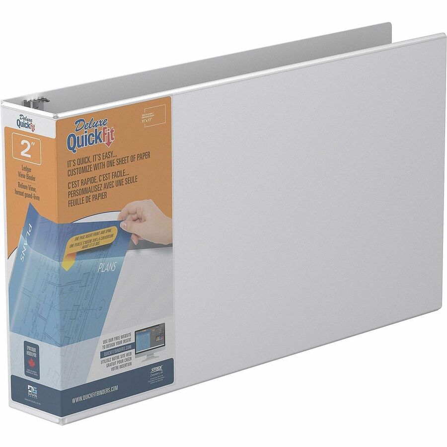 QuickFit Heavy-Duty Landscape 3-Ring Binder, D-Ring, View Binder, 2 Inch, White - 2" Binder Capacity - 11" x 17" Sheet Size - 475 Sheet Capacity - 3 x 2" Ring - Fastener: D-Ring - Pocket: Internal - Polypropylene - White - Recycled - Clear Overlay, Loc...