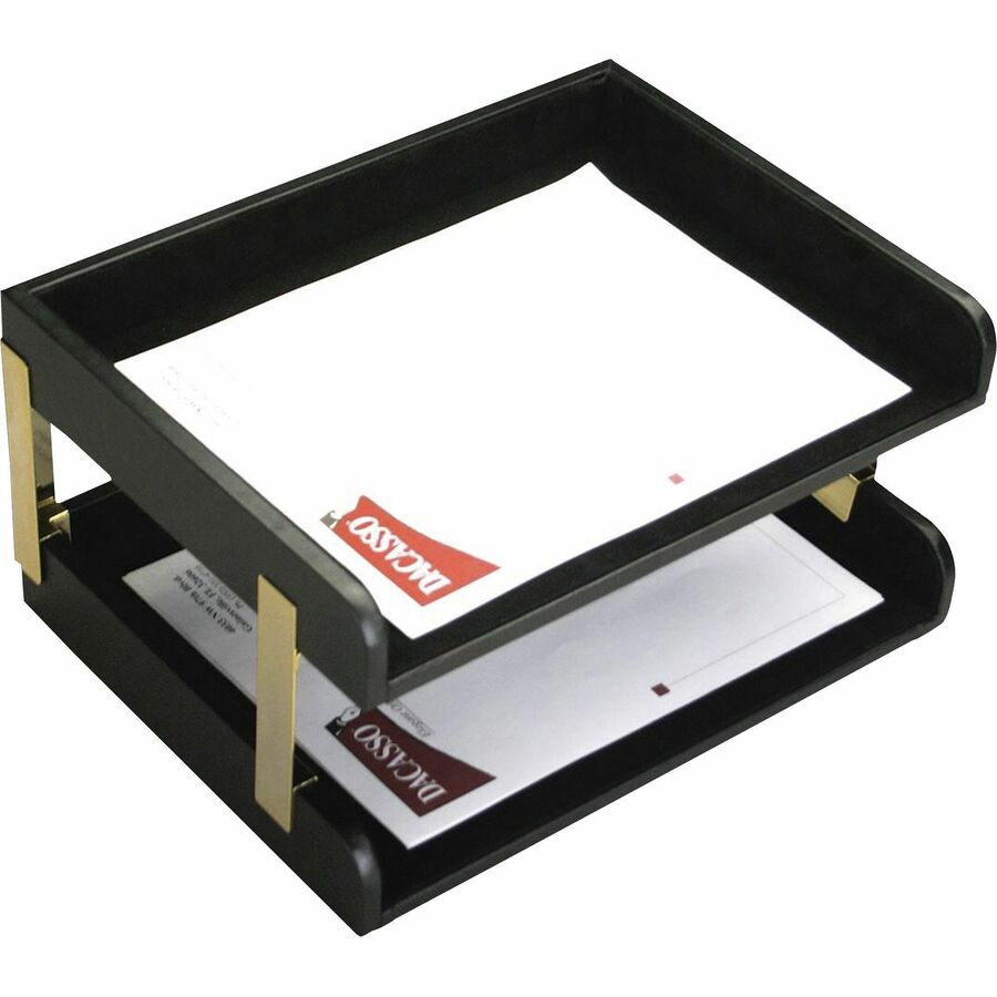 Dacasso Two Side Load Letter Trays With Gold Posts - 7.75" Height x 10.60" Width x 15.25" Length - Desktop - Black - Leather - 1 Each