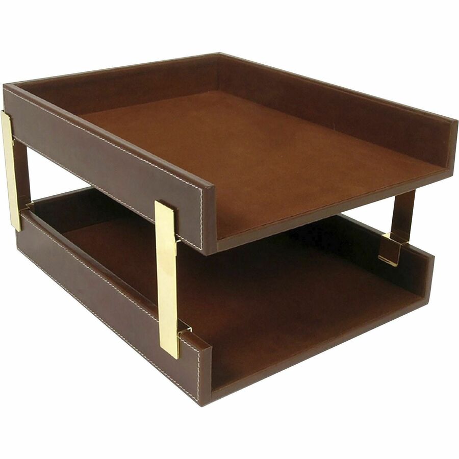Dacasso Front Load Letter Tray With Gold Posts - 7.75" Height x 10.60" Width x 15.25" Length - Desktop - Brown - Leather - 1 Each