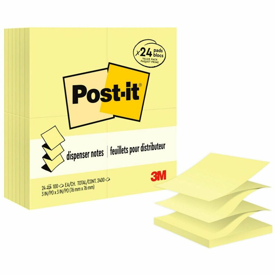 Post-it®, Dispenser Notes Value Pack - 2400 - 3" Flag/Note Width x 3" Flag/Note Length - Square - 100 Sheets per Pad - Unruled - Canary Yellow - Paper - Self-adhesive, Repositionable - 24 / Pack