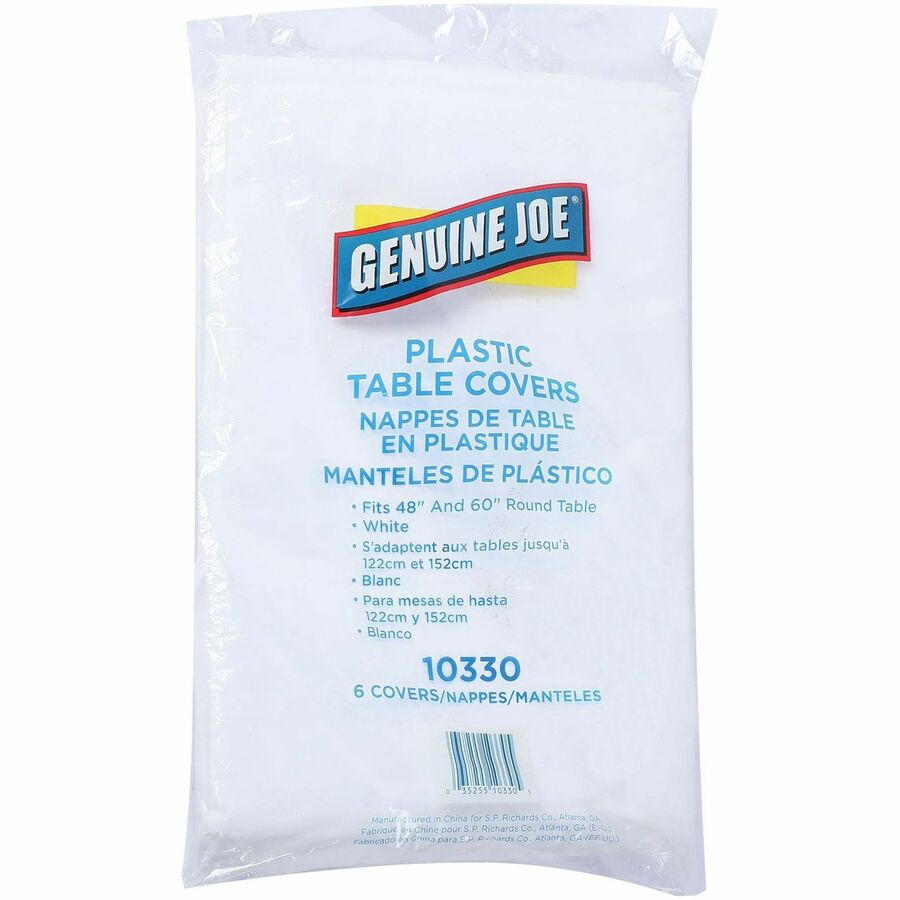 Genuine Joe Plastic Round Tablecovers - 84" Diameter - Plastic - White - 6 / Pack