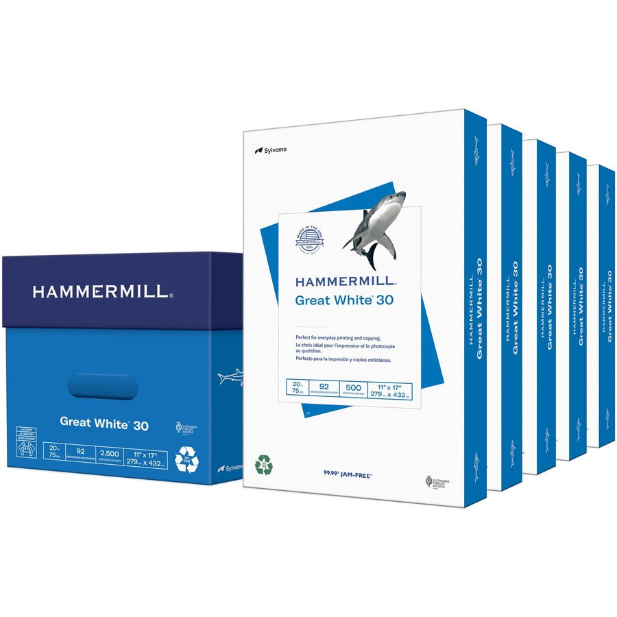 Hammermill Great White Recycled Copy Paper - White - 92 Brightness - 11" x 17" - 20 lb Basis Weight - Acid-free, Moisture Resistant, Archival-safe, Jam-free - White - 1 Ream