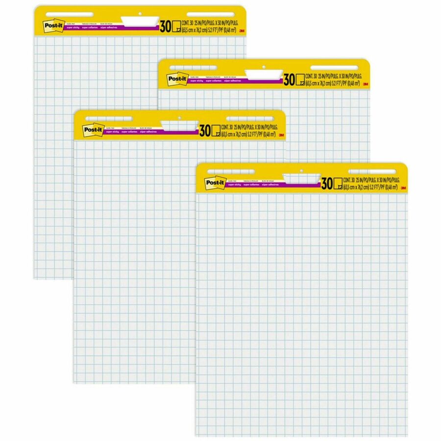 Post-it®, Self-Stick Easel Pad Value Pack with Faint Grid - 30 Sheets - Stapled - Feint Front Ruling - Blue Margin - 18.50 lb Basis Weight - 25" x 30" Sheet Size - White Paper - Cardboard Cover - Self-adhesive, Bleed-free, Perforated, Repositionable...