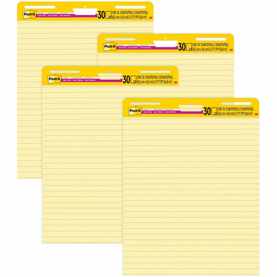 Post-it®, Super Sticky Easel Pad - 30 Sheets - Stapled - Feint Blue Margin - 18.50 lb Basis Weight - 25" x 30" Sheet Size - Canary Yellow Paper - Cardboard Cover - Self-adhesive, Bleed-free, Perforated, Repositionable, Resist Bleed-through, Removabl...