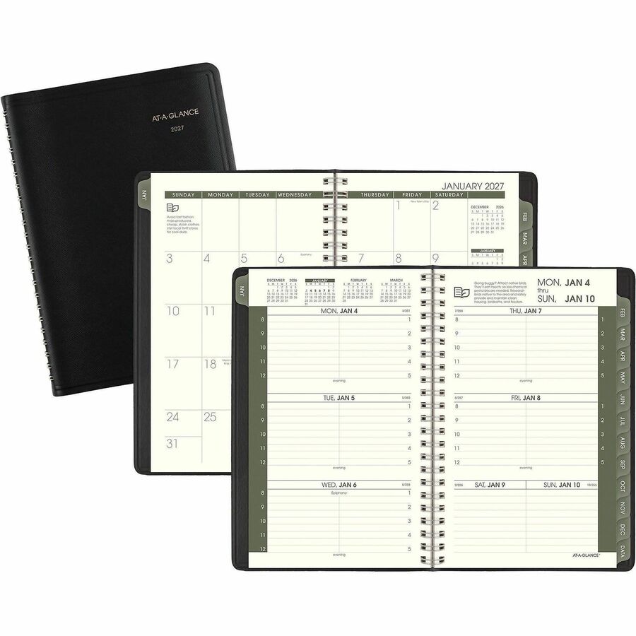 At-A-Glance Recycled Appointment Book Planner - Julian Dates - Weekly - 12 Month - January 2027 to December 2027 - 8:00 AM to 5:00 PM - Hourly - 1 Week Double Page Layout - 4 7/8" x 8" Sheet Size - Desk Pad - Black - 1 Each