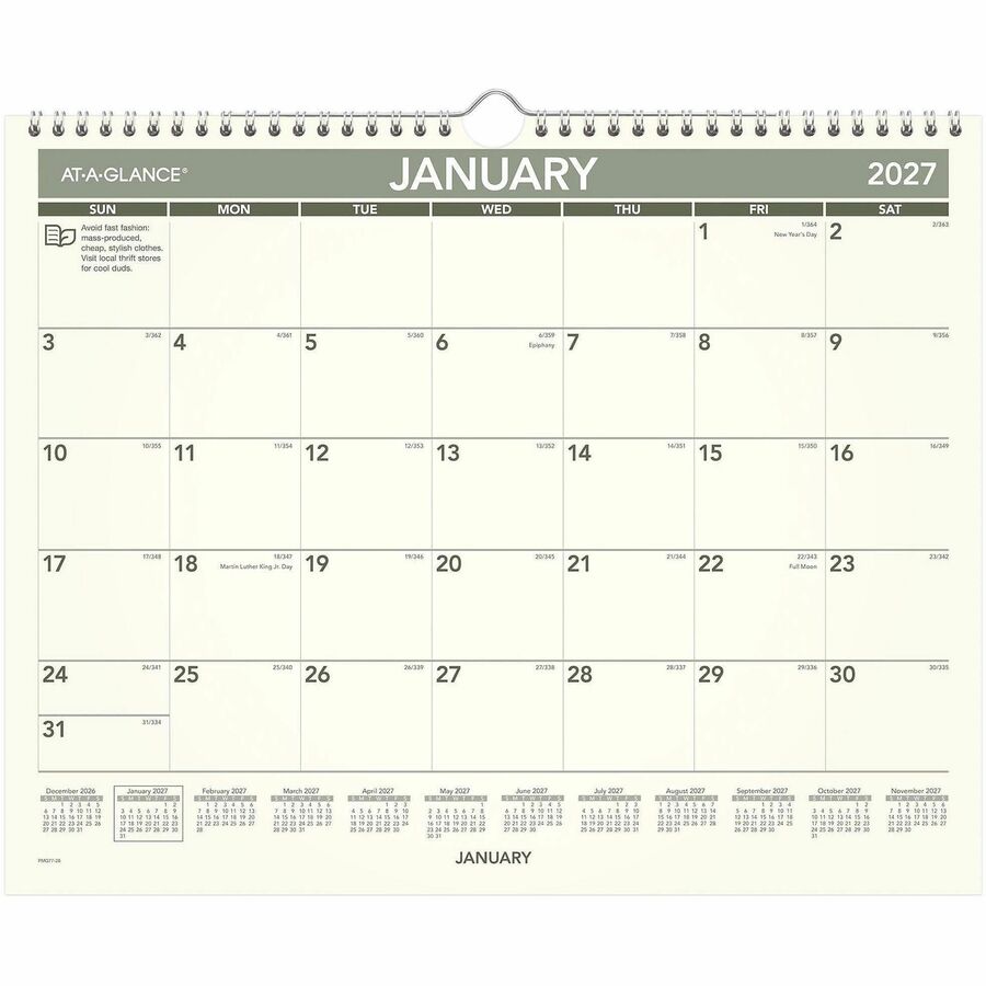 At-A-Glance Recycled Wall Calendar - Medium - Julian Dates - Monthly - 12 Month - January 2027 to December 2027 - 1 Month Single Page Layout - 15" x 12" Sheet Size - White Sheet - 2" x 1.68" Block - Wire Bound - Paper - 1 Each
