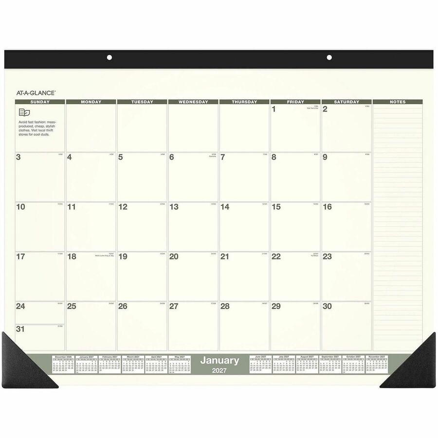 At-A-Glance Recycled Monthly Desk Pad, Standard, 22" x 17" - Standard - Julian Dates - Monthly - 12 Month - January 2027 to December 2027 - 1 Month Single Page Layout - 22" x 17" Sheet Size - White Sheet - 2.38" x 2.63" Block - Headband - Desk Pad - Gr...