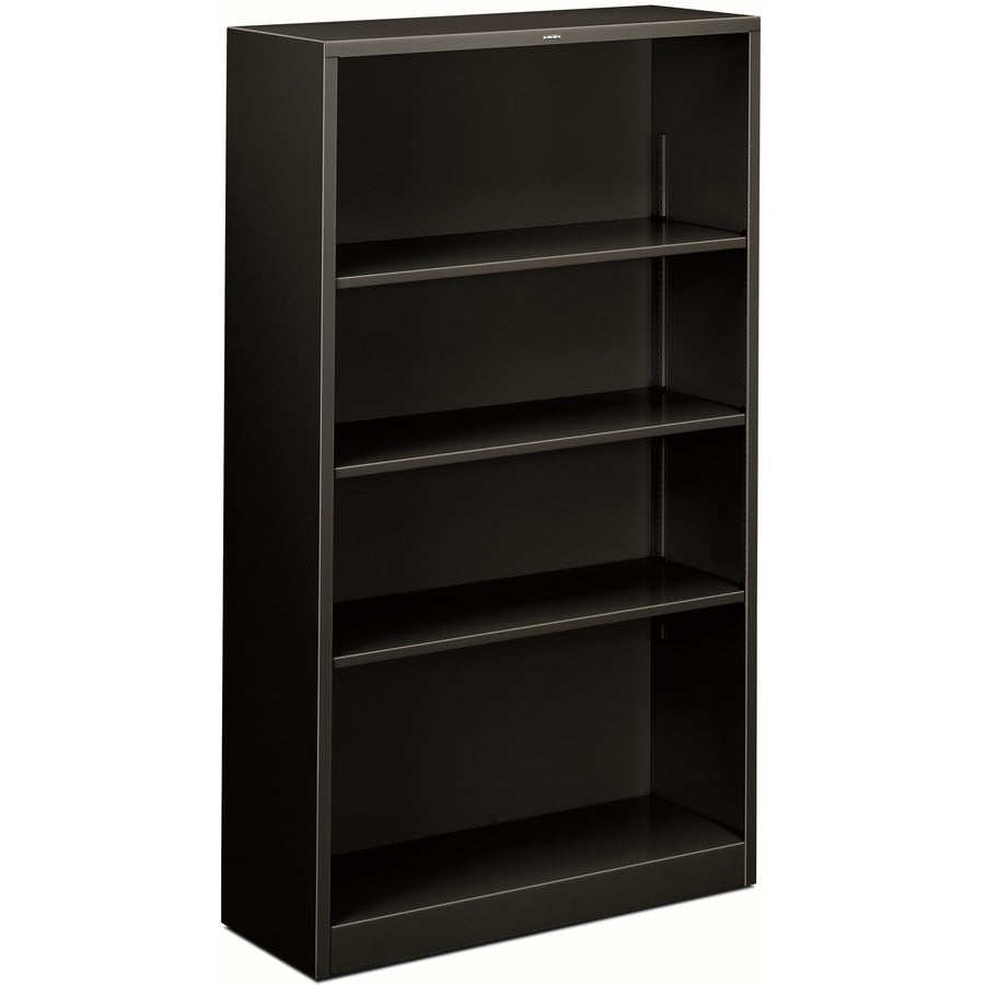 HON Brigade Steel Bookcase - 4 Shelf(ves) - 59" Height x 34.50" Width x 12.62" Depth - Adjustable Shelf, Reinforced, Welded, Durable, Compact - 30% Recycled - Black - Steel - 1 Each