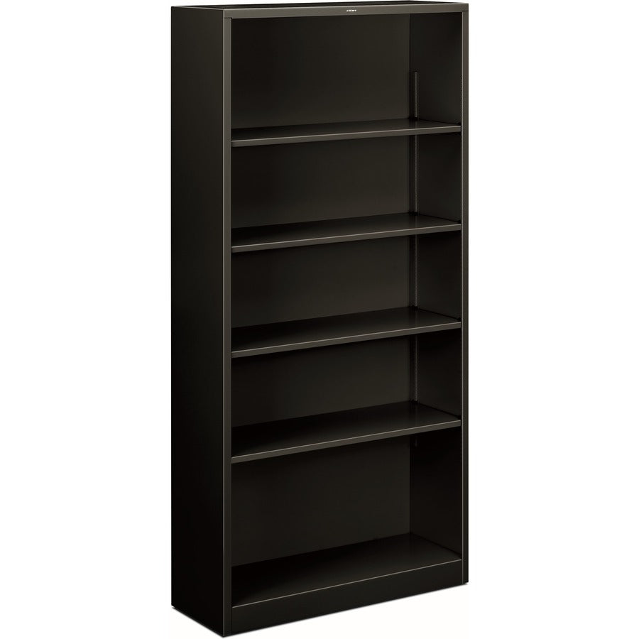 HON Brigade Steel Bookcase - 5 Shelf(ves) - 71" Height x 34.50" Width x 12.62" Depth - Adjustable Shelf, Reinforced, Welded, Durable, Compact - 30% Recycled - Black - Steel - 1 Each