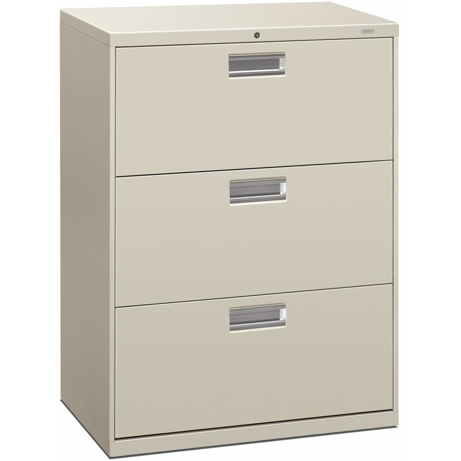 HON Brigade 600 H673 Lateral File - 40.9" Height x 30" Width x 18" Depth - Total Drawer(s): 3 - Finish: Light Gray - Lockable, Glide, Removable Lock, Heavy Duty, Interlocking - For File Storage, Workstation, Office, Desk - 1 Each