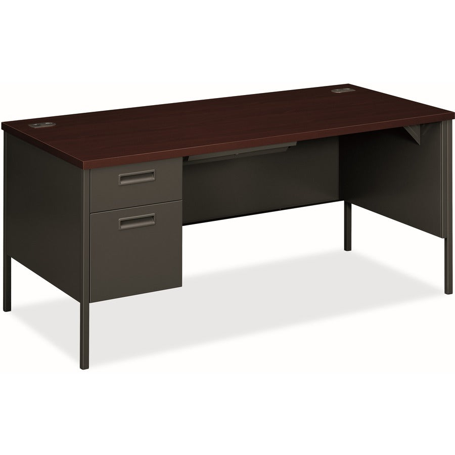 HON Metro Pedestal Desk - Rectangle - 29.5" Height x 66" Width x 30" Depth, 1" Thickness Top - Total Drawer(s): 2 - Double Pedestal on Left Side - Material: Steel - Finish: Mahogany Laminate, Charcoal - Impact Resistant, Durable, Sturdy, Recessed Handl...