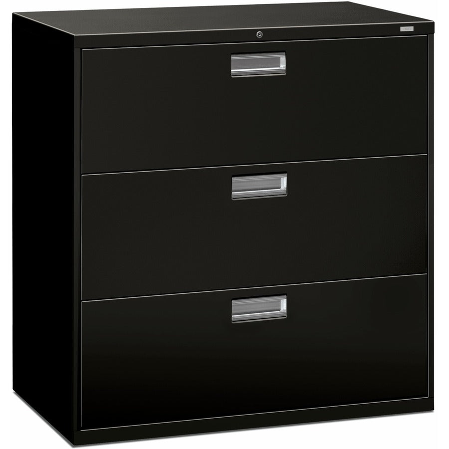 HON Brigade 600 H693 Lateral File - 40.9" Height x 42" Width x 18" Depth - Total Drawer(s): 3 - Finish: Black - Lockable, Heavy Duty, Glide, Removable Lock - For File Storage, Workstation, Office, Desk - 1 Each