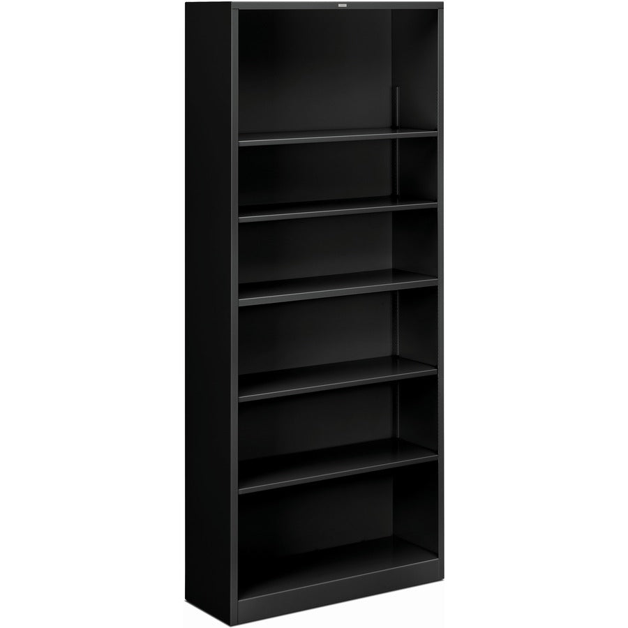 HON Brigade Steel Bookcase - 6 Shelf(ves) - 81.13" Height x 34.50" Width x 12.62" Depth - Adjustable Shelf, Reinforced, Welded, Durable, Compact - 30% Recycled - Black - Steel - 1 Each
