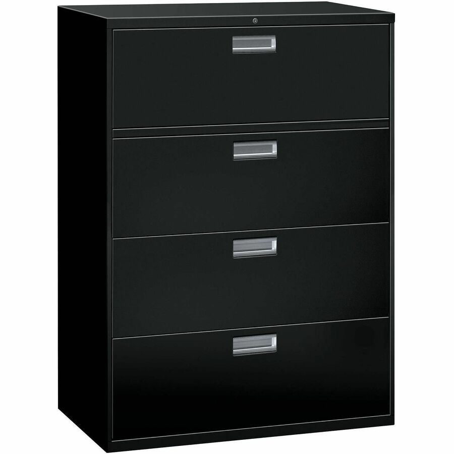 HON Brigade 600 H694 Lateral File - 53.3" Height x 42" Width x 18" Depth - Total Drawer(s): 4 - Finish: Black - Lockable, Heavy Duty, Glide, Removable Lock - For File Storage, Workstation, Office, Desk - 1 Each