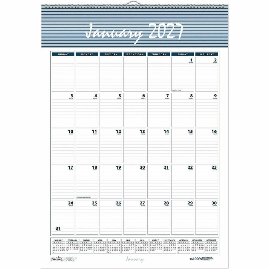 House of Doolittle Bar Harbor 12-Month Wall Calendar - Julian Dates - Monthly - 1 Year - January 2027 to December 2027 - 1 Month Single Page Layout - 22" x 31 1/4" Sheet Size - 2.63" x 4.25" Block - Wire Bound - Blue, Gray - Paper - 1 Each