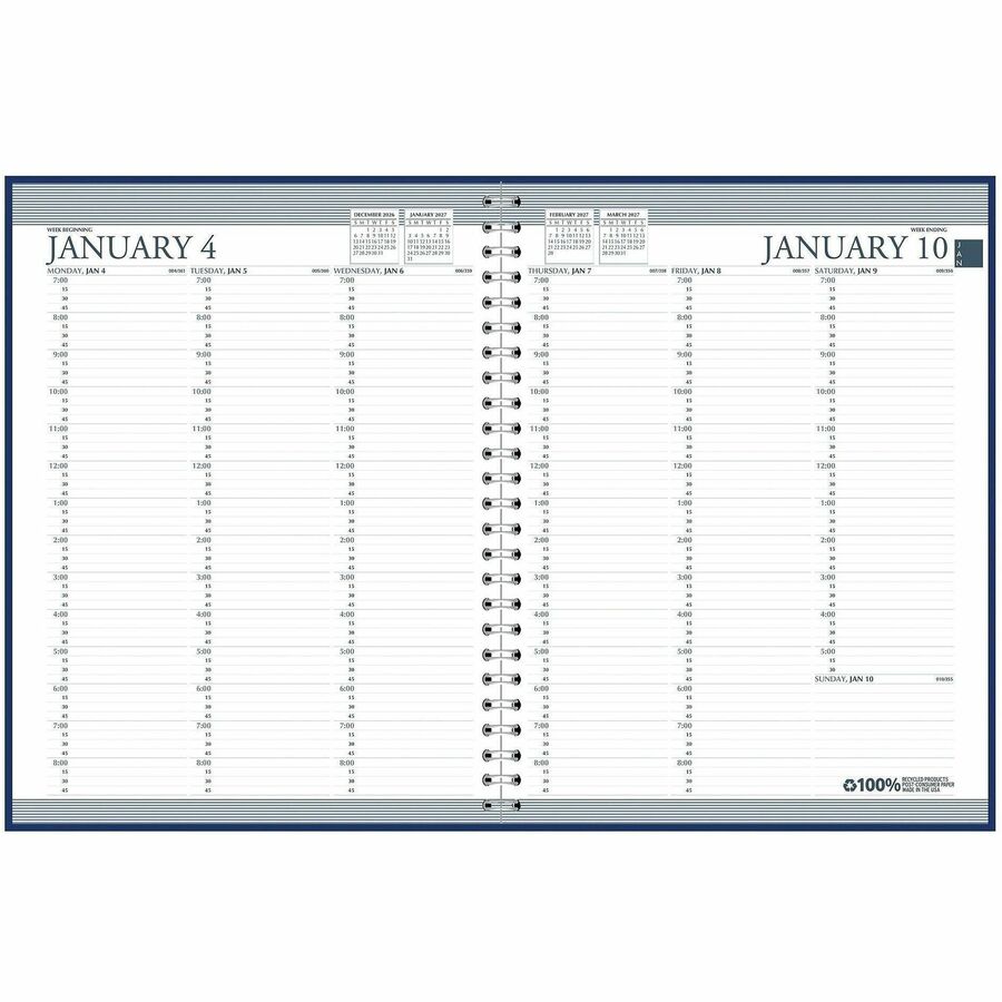 House of Doolittle Blue Professional Weekly Planner - Julian Dates - Weekly - 1 Year - January 2027 to December 2027 - 7:00 AM to 8:45 PM - Quarter-hourly - 1 Week Double Page Layout - 8 1/2" x 11" Sheet Size - Simulated Leather, Paper - Blue Cover - 1...