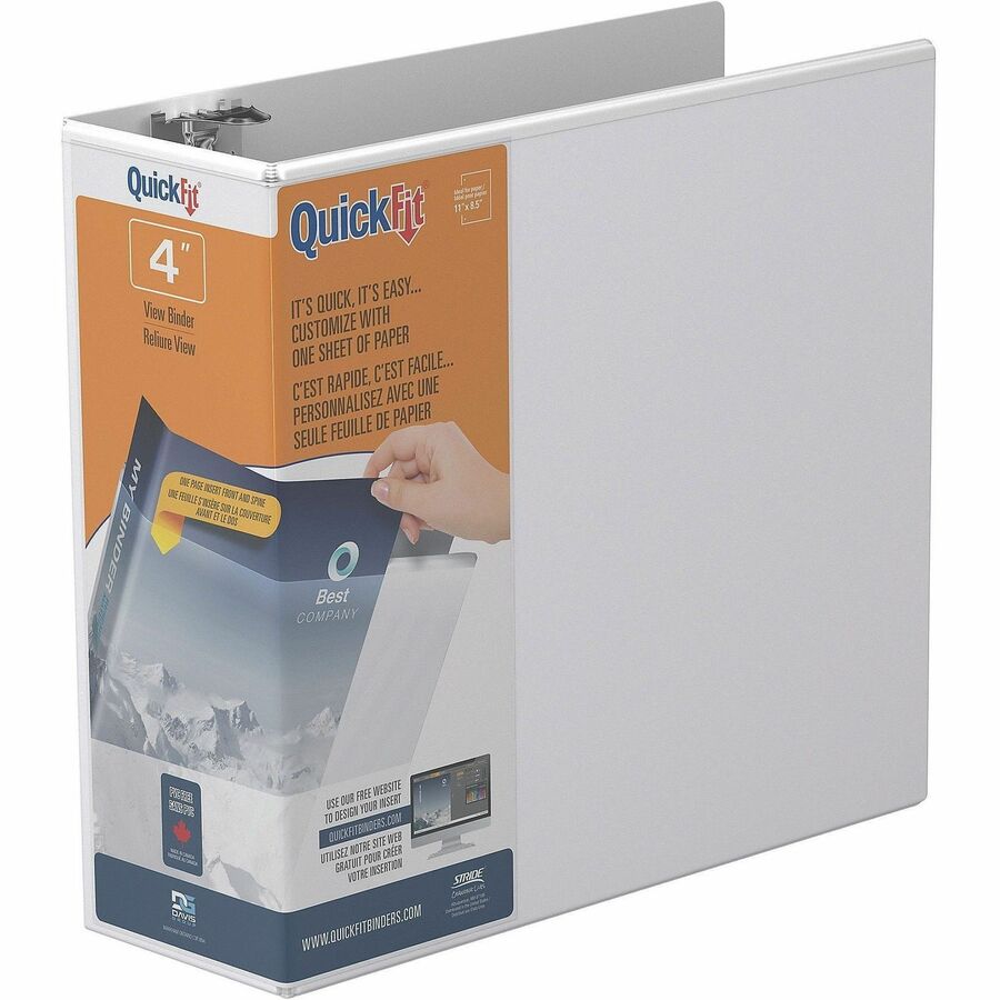 QuickFit View Binder, 3-Ring Binder, Angle D Ring, 4 Inch, White - 4" Binder Capacity - 8 1/2" x 11" Sheet Size - 750 Sheet Capacity - 3 x 4" Ring - Fastener: D-Ring - Polypropylene - White - Recycled - Locking Ring, Heavy Duty - 1 Each