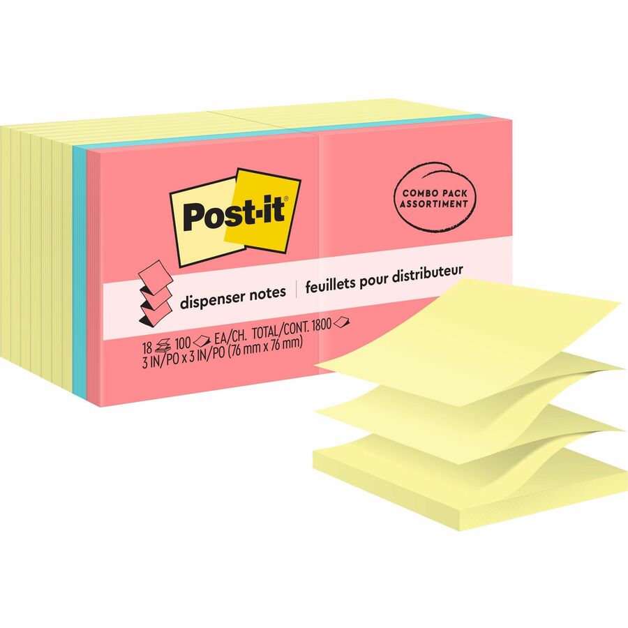Post-it®, Dispenser Notes - Assorted Colors - 1800 - 3" Flag/Note Width x 3" Flag/Note Length - Square - 100 Sheets per Pad - Unruled - Pink, Blue, Yellow - Paper - Pop-up, Self-adhesive, Repositionable - 18 / Pack