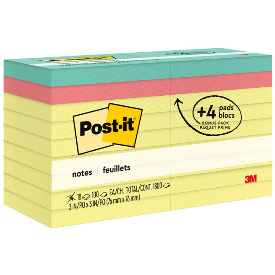 Post-it®, Notes Original Notepads - 1800 - 3" Flag/Note Width x 3" Flag/Note Length - Square - 100 Sheets per Pad - Unruled - Canary Yellow - Paper - Removable - 18 / Pack