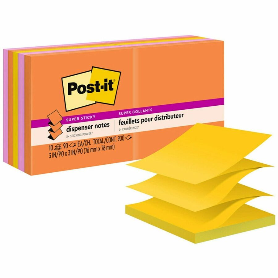 Post-it®, Super Sticky Dispenser Notes - Energy Boost Color Collection - 900 - 3" Flag/Note Width x 3" Flag/Note Length - Square - 90 Sheets per Pad - Unruled - Vital Orange, Tropical Pink, Sunnyside - Paper - Self-adhesive, Repositionable - 10 / Pack