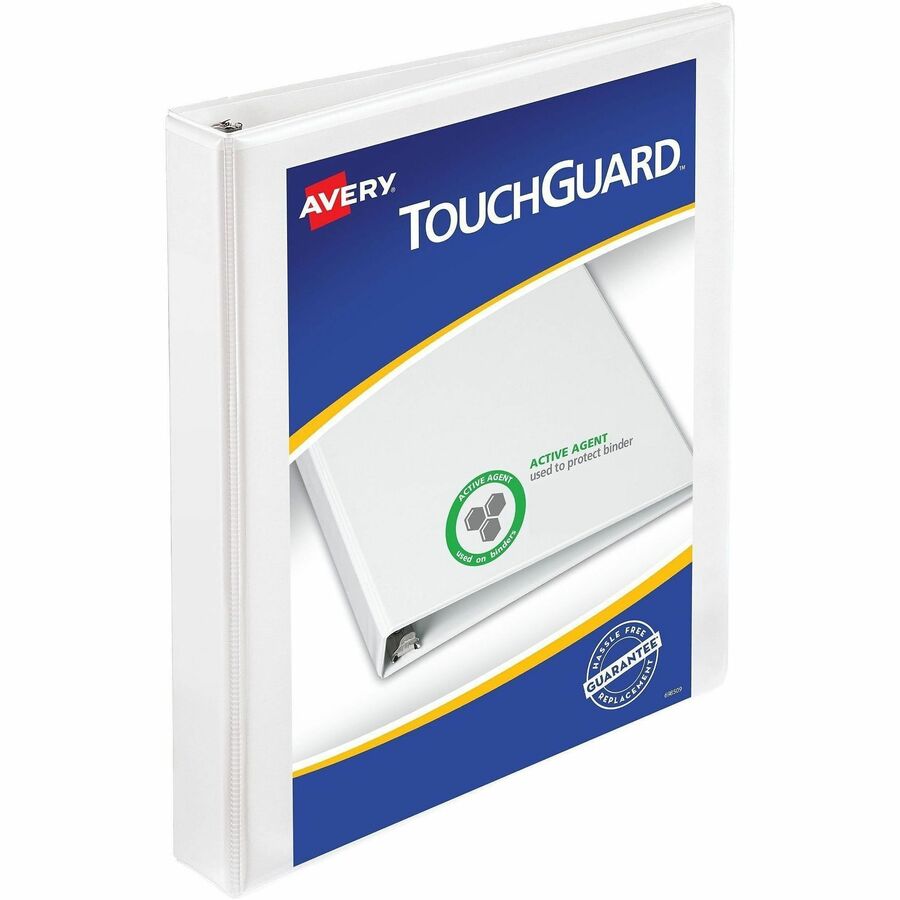 Avery®, TouchGuard View 3 Ring Binder - 1" Binder Capacity - Letter - 8 1/2" x 11" Sheet Size - 250 Sheet Capacity - 250 x 1" Ring - Fastener: Slant Ring - Pocket: 4, Internal - Polypropylene - White - Recycled - Adhesive, Antimicrobial, Durable, He...