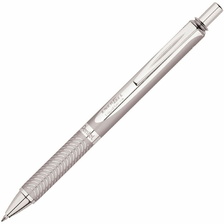 Pentel EnerGel Alloy Rollerball Pen - Refillable - Retractable - Black Ink - Gel-based - Metallic Silver Metal Barrel - Stainless Steel Tip - 1 Each