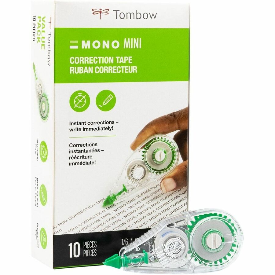 Tombow Mini Mono Correction Tape Dispensers - 0.16" Tape Width x 26.25 ft Tape Length - 1 Line(s) - White Tape - Ergonomic Dispenser - Acid-free, Non-refillable - White - 10 / Pack
