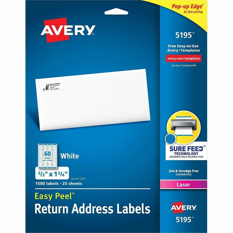 Avery®, Easy Peel Address Labels, 2/3"x1-3/4" 1,500 Labels (5195) - x 2/3" Width x 1 3/4" Length - Permanent Adhesive - Rectangle - Laser - Matte White - White - Paper - 60 / Sheet - 25 Total Sheets - 1500 Total Label(s) - For Label Printer - 1500 /...