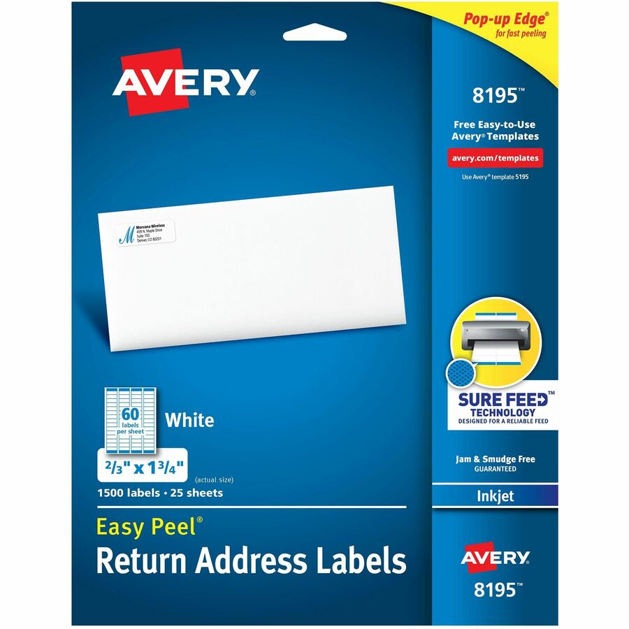 Avery®, Easy Peel Inkjet Return Address Labels - 2/3" Width x 1 3/4" Length - Permanent Adhesive - Rectangle - Inkjet - Matte - White - Paper - 60 / Sheet - 25 Total Sheets - 1500 Total Label(s) - 1500 / Pack