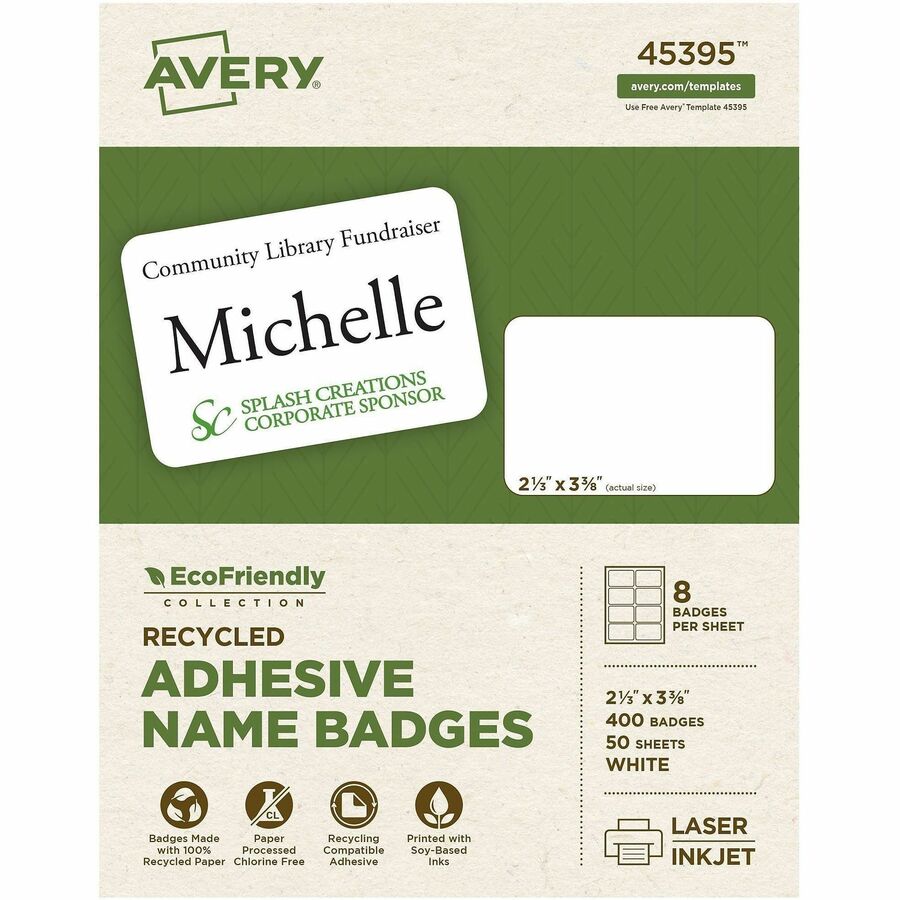 Avery®, Eco-friendly Premium Name Badge Labels - 2 21/64" Width x 3 3/8" Length - Removable Adhesive - Rectangle - Inkjet, Laser - Matte White - Matte - Paper - 8 / Sheet - 8 Total Sheets - 400 Total Label(s) - 1 Box