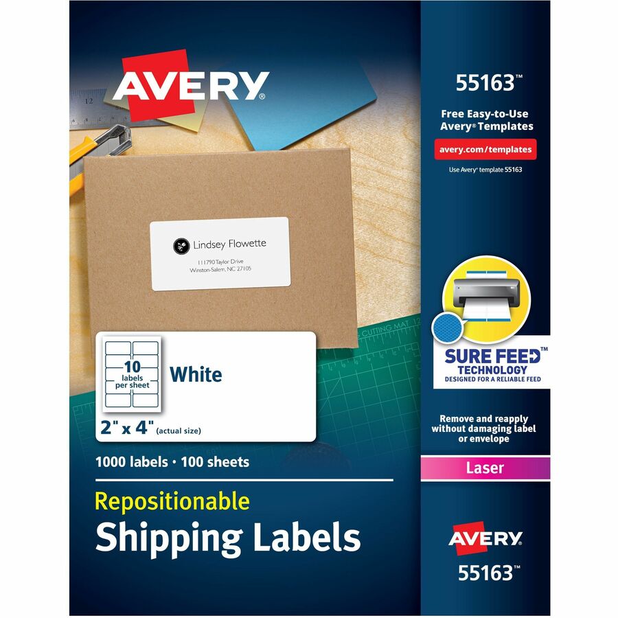 Avery®, Repositionable Labels, Sure Feed, 2" x 4" , 1,000 Labels (55163) - 2" Width x 4" Length - Permanent Adhesive - Rectangle - Laser - Matte White - Matte - Paper - 10 / Sheet - 10 Total Sheets - 1000 Total Label(s) - 1 Box