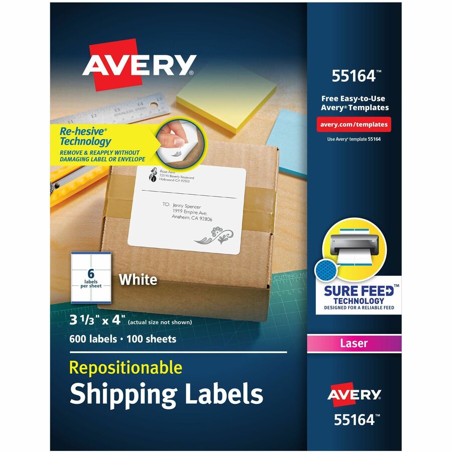 Avery®, Repositionable Labels, Sure Feed, 3-1/3"x4" , 600 Labels (55164) - 3 21/64" Width x 4" Length - Permanent Adhesive - Rectangle - Laser - Matte White - Matte - Paper - 6 / Sheet - 6 Total Sheets - 600 Total Label(s) - 1 Box