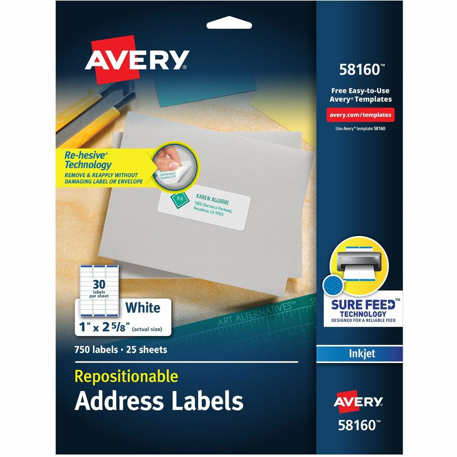 Avery®, Repositionable Address Labelss - Sure Feed Technology - 1" Width x 2 5/8" Length - Permanent Adhesive - Rectangle - Inkjet - Matte White - Matte - Paper - 30 / Sheet - 30 Total Sheets - 750 Total Label(s) - 1 Pack