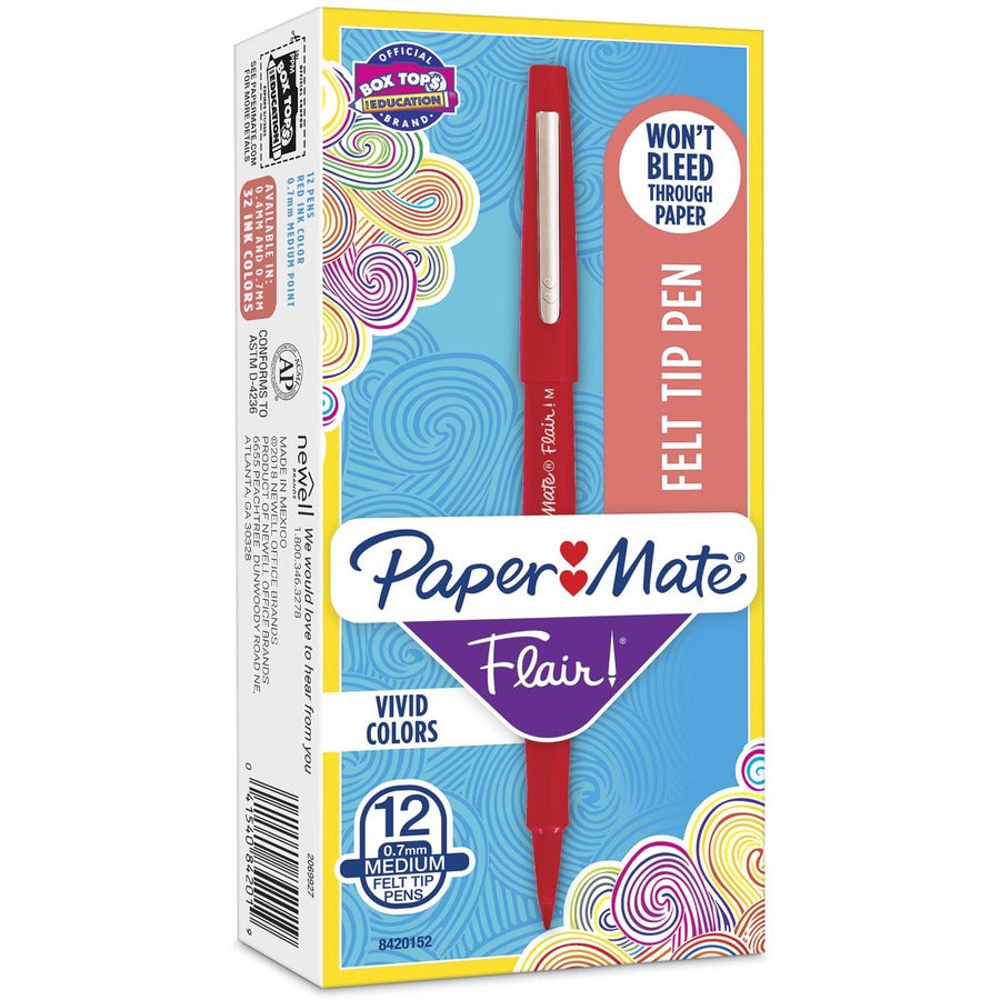 Paper Mate Flair Point Guard Felt Tip Marker Pens - 0.7 mm Pen Point - Red Ink - Water Based - Red Barrel - 12 / Dozen