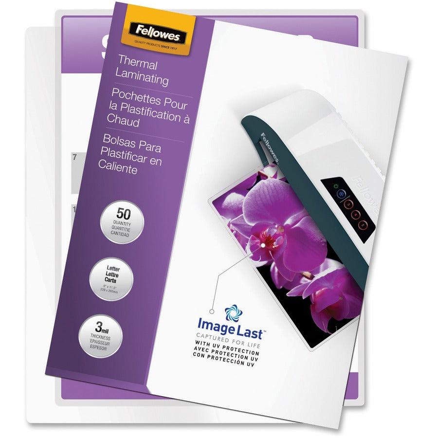 Fellowes ImageLast Thermal Laminating Pouches - Sheet Size Supported: Letter 9" Width x 11.50" Length - Laminating Pouch/Sheet Size: 9" Width x 11.50" Length x 3 mil Thickness - Type G - Glossy - for Document - Durable, UV Resistant, Fade Resistant, Wa...